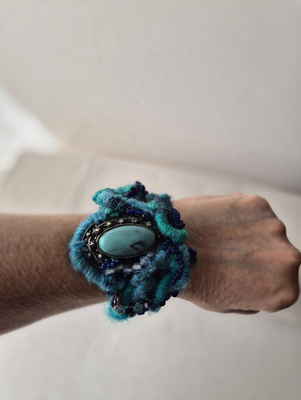 Boho Whimsigoth Turquoise Fiber Art Cuff Bracelet Fairycore Handmade Textile